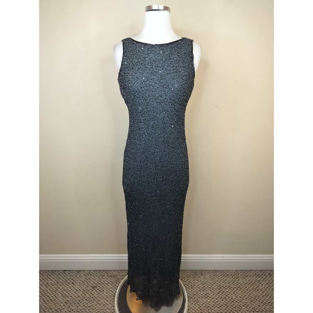 Stenay Silk Beaded Gown 4 Womens Vintage Maxi Dress Formal Evening Glam Gray